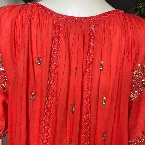 Calypso St. Barth Red Embellished Scoop Neck Blouse Large Gold Sequins - Picture 5 of 8